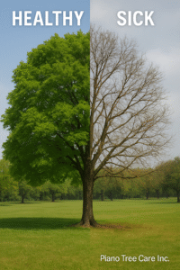 Comparison of a healthy tree versus a sick tree showing differences in foliage and color.