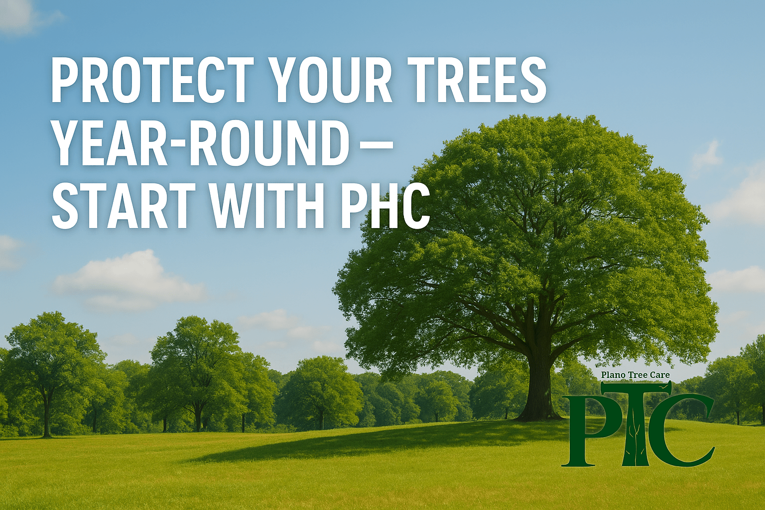 Banner promoting year-round tree protection through Plant Health Care (PHC) with a healthy tree landscape.
