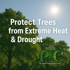 North Texas trees under summer sun with title and Plano Tree Care Inc. logo promoting drought and heat protection tips