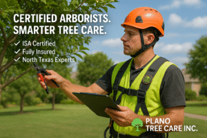 Certified arborist from Plano Tree Care Inc. inspecting and pruning a tree in North Texas.