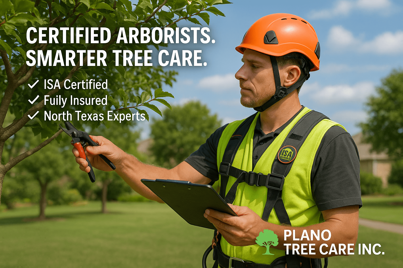 Certified arborist from Plano Tree Care Inc. inspecting and pruning a tree in North Texas.