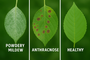 Visual comparison of tree leaves with powdery mildew, anthracnose, and healthy condition.