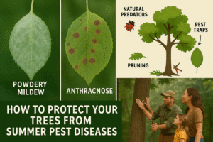 Visual guide showing signs of powdery mildew, anthracnose, pruning tips, pest control methods, and a family inspecting a tree in summer.