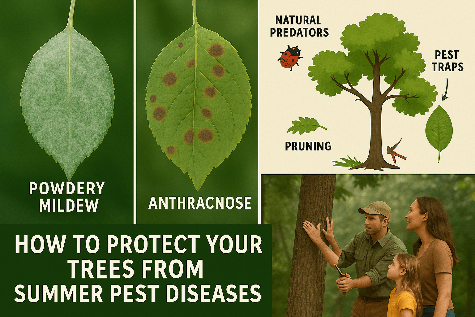 Visual guide showing signs of powdery mildew, anthracnose, pruning tips, pest control methods, and a family inspecting a tree in summer.