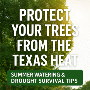 Tree with sunlit leaves and bold white text overlay that reads "Protect Your Trees from the Texas Heat – Summer Watering & Drought Survival Tips"