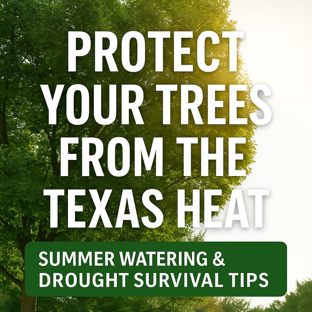 Tree with sunlit leaves and bold white text overlay that reads "Protect Your Trees from the Texas Heat – Summer Watering & Drought Survival Tips"