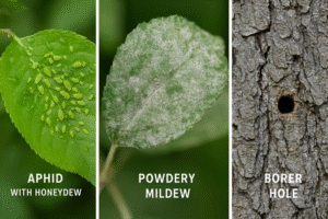 Side-by-side comparison of a healthy tree leaf and leaves showing pest damage.