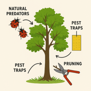 Illustration of a tree showing pest control methods including traps, pruning, and natural predators.