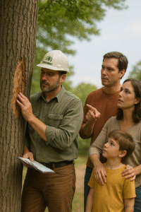 Certified arborist discussing tree health with a family in their yard.