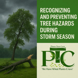 A storm-damaged tree in a field with rain falling, next to a green banner that says 'Recognizing and Preventing Tree Hazards During Storm Season' with Plano Tree Care Inc. logo.