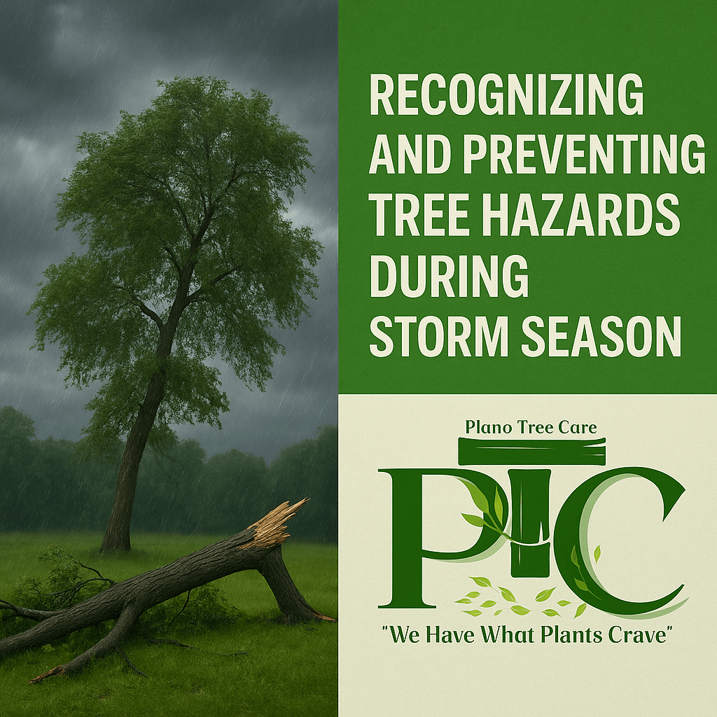A storm-damaged tree in a field with rain falling, next to a green banner that says 'Recognizing and Preventing Tree Hazards During Storm Season' with Plano Tree Care Inc. logo.