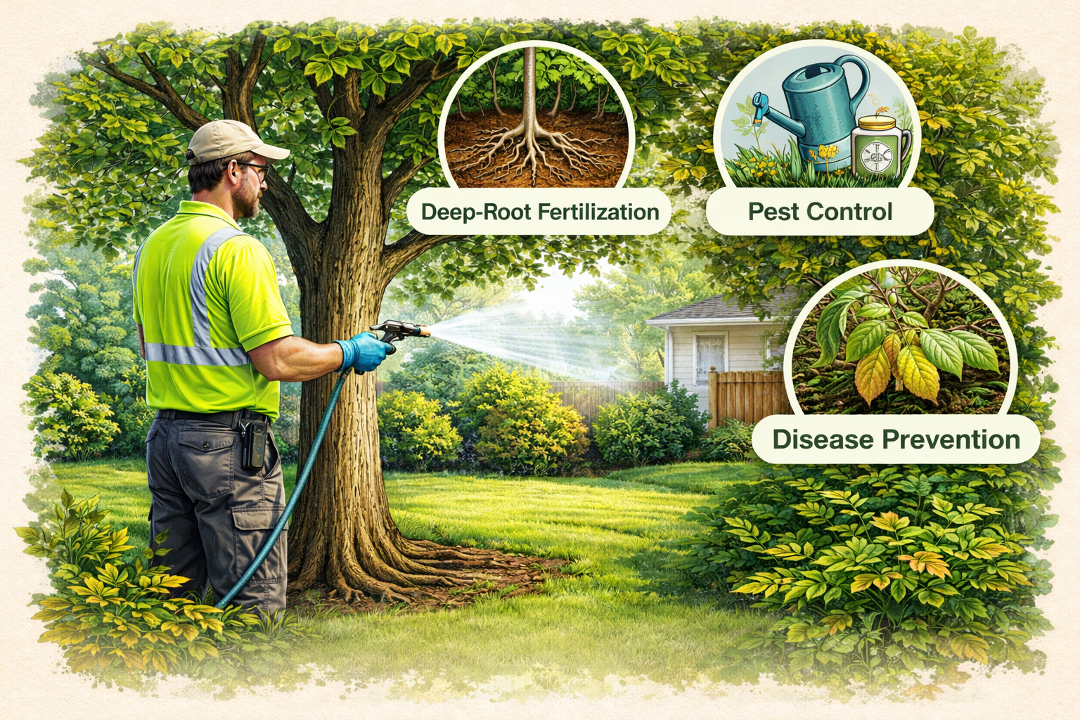 ISA-certified arborist applying plant health care treatment to a mature tree in a North Texas residential landscape