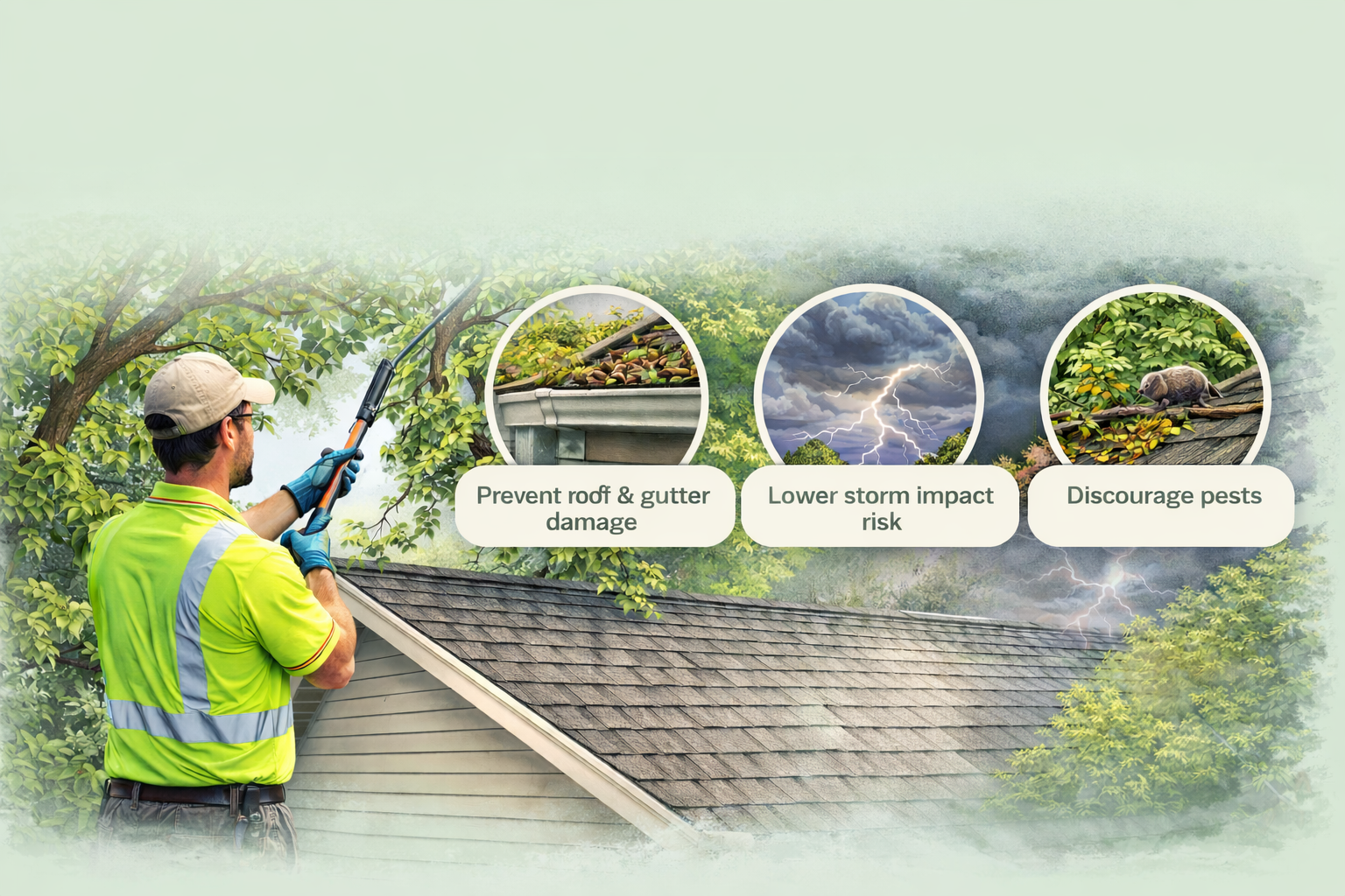 Tree branches near a roofline being cleared for safety in North Texas