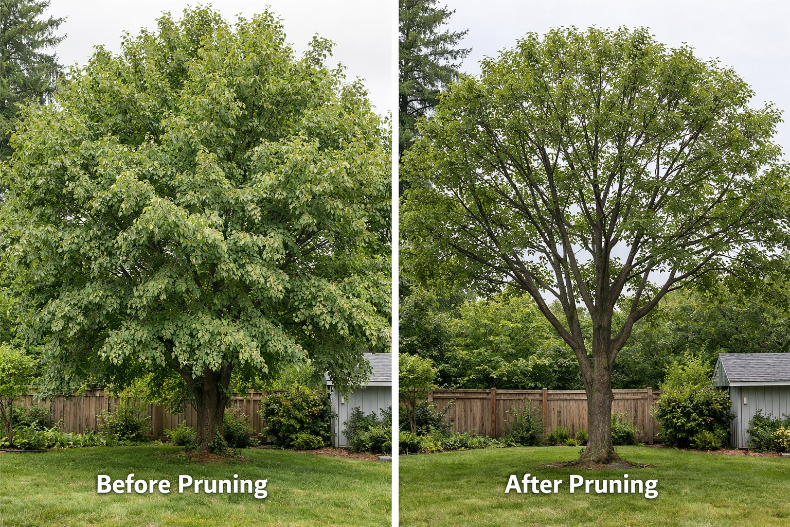 Tree before pruning compared with the same tree after pruning, showing improved canopy structure and cleaner limb spacing