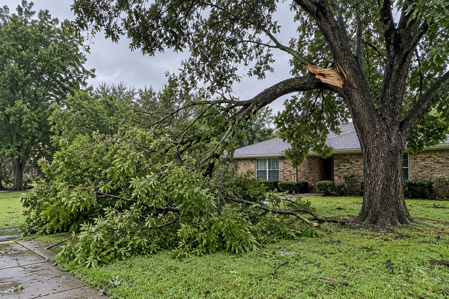 Large broken tree limb fallen across a residential lawn in North Texas, illustrating the importance of evaluating trees for structural weaknesses before strong winds.